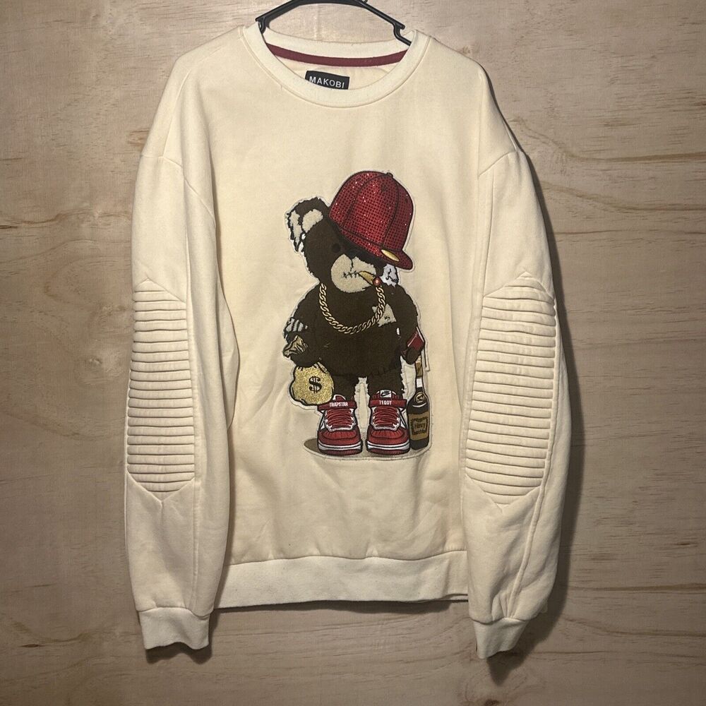 Makobi Mens 3XL Trapstar Teddy Bear Ribbed White Pullover Crew Neck Sweatshirt